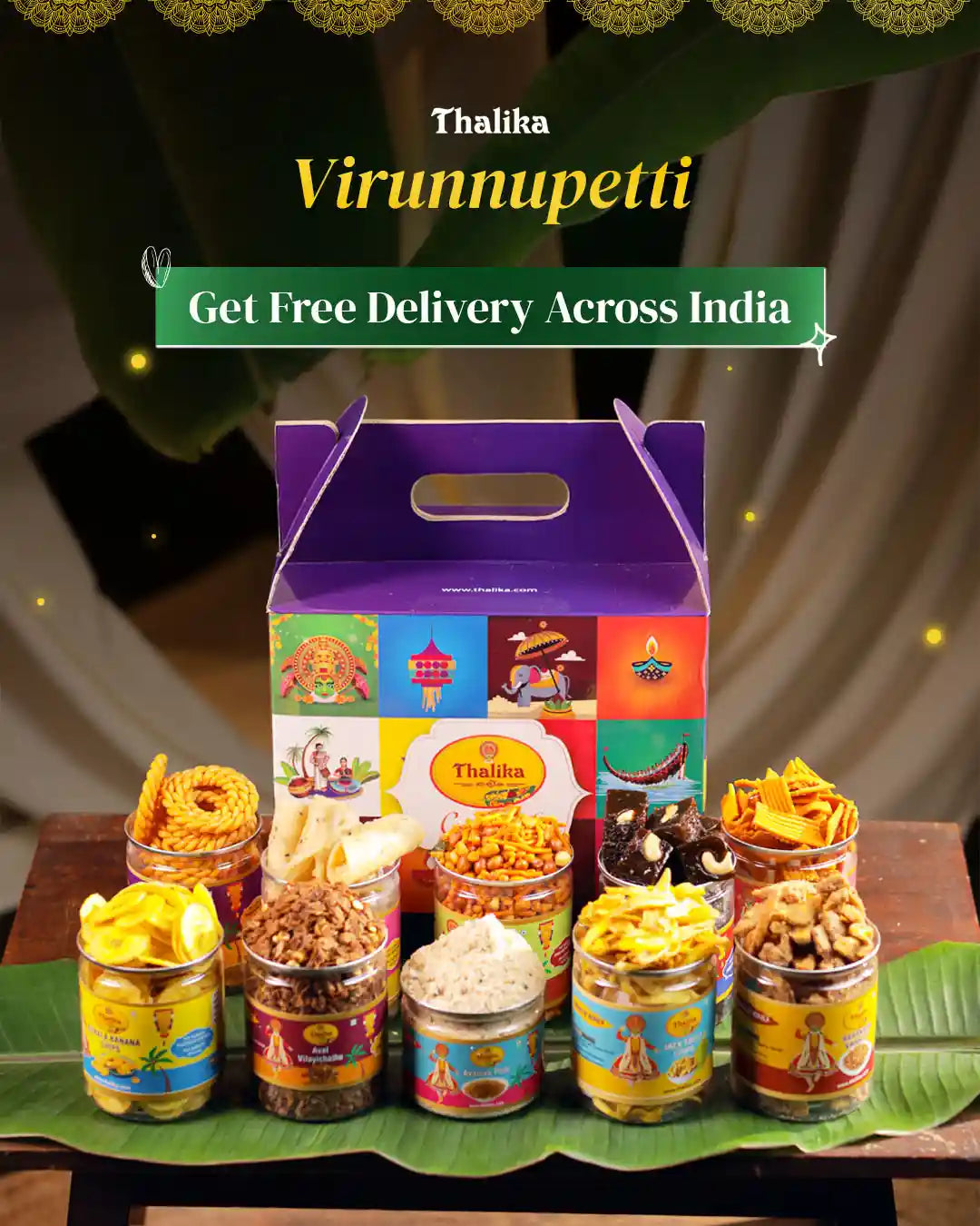 Colorful Thalika Virunnupetti gift set with free delivery offer on a decorative background